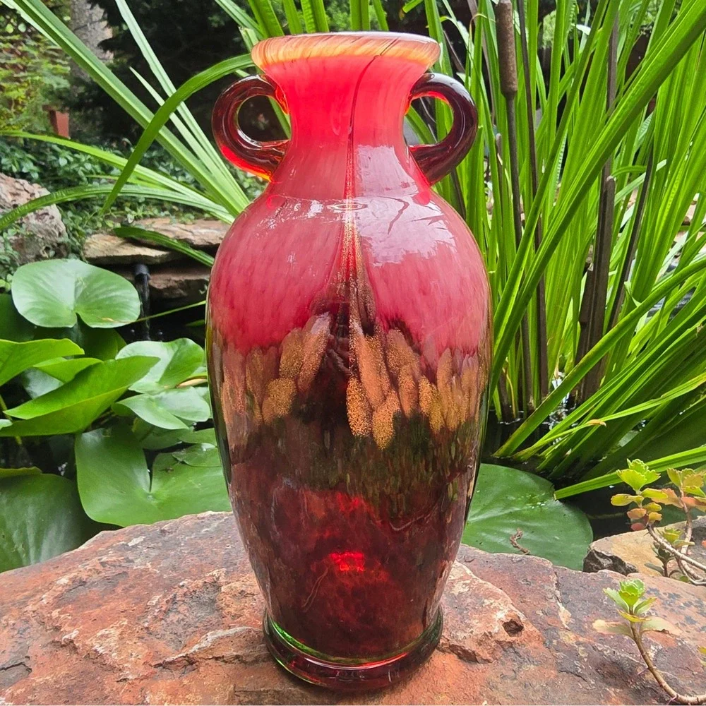 Hand Blown Double Handle Amphora Art Glass Vase Red Gold Green Aventurine 10in
